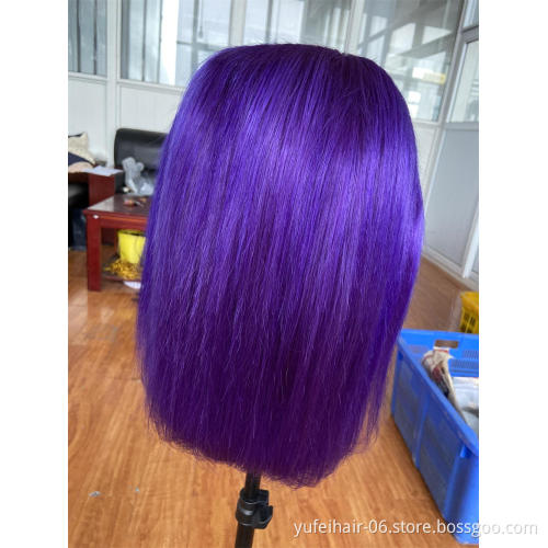 100% virgin human hair Short Bob Purple Blue Color Wigs,Straight 13*4 Lace Front Human Hair Wigs For Black Women